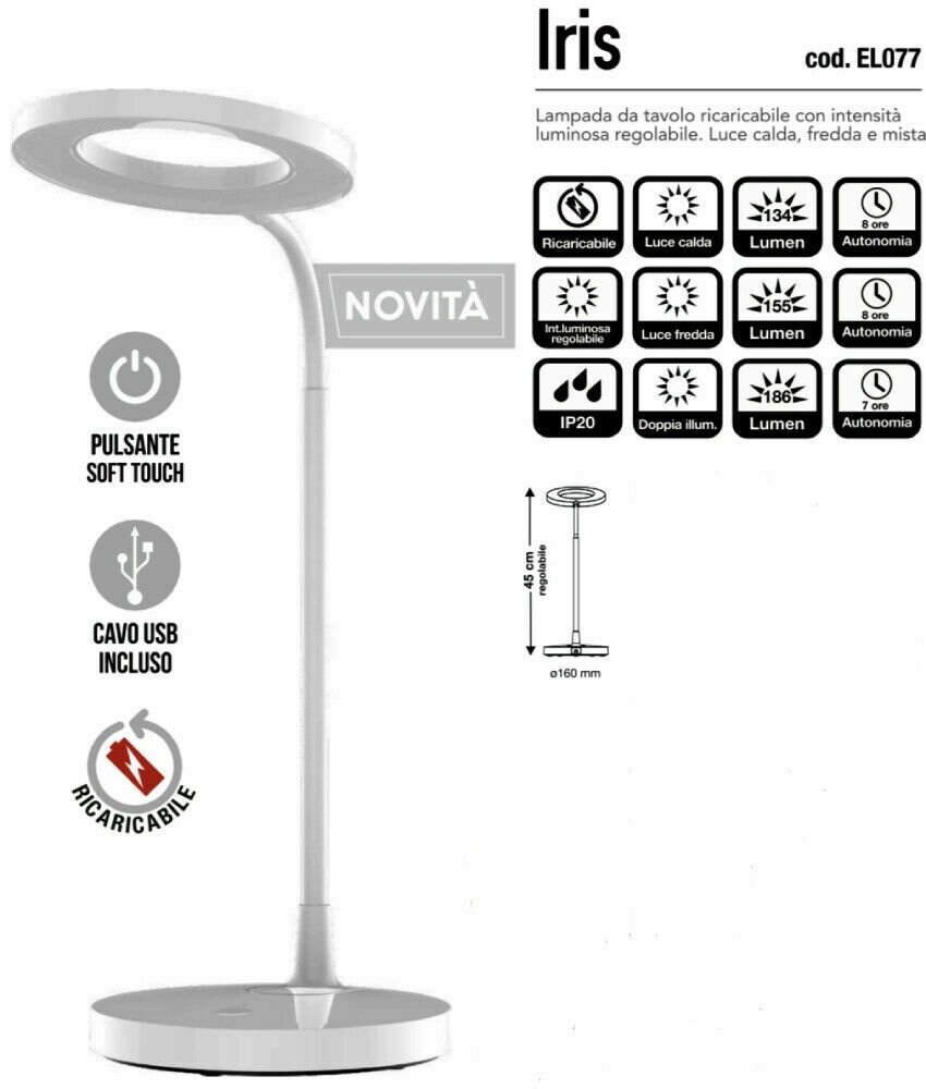 Lampada da scrivania Bianca LED Orientabile Dimmerabile Ricaricabile  PowerBank USB CFG EL078